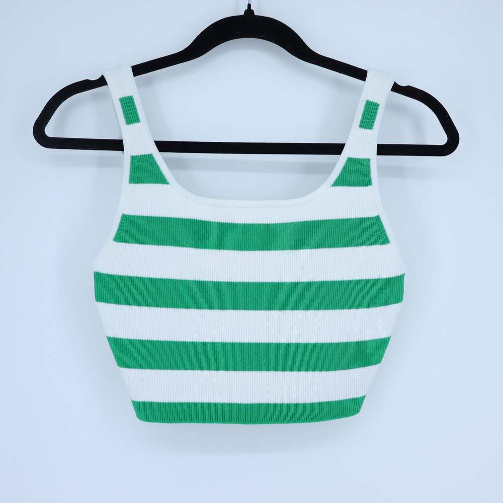 BABATON Sculpt Knit Cropped Tank Green White Square Neck Ribbed Women's S\